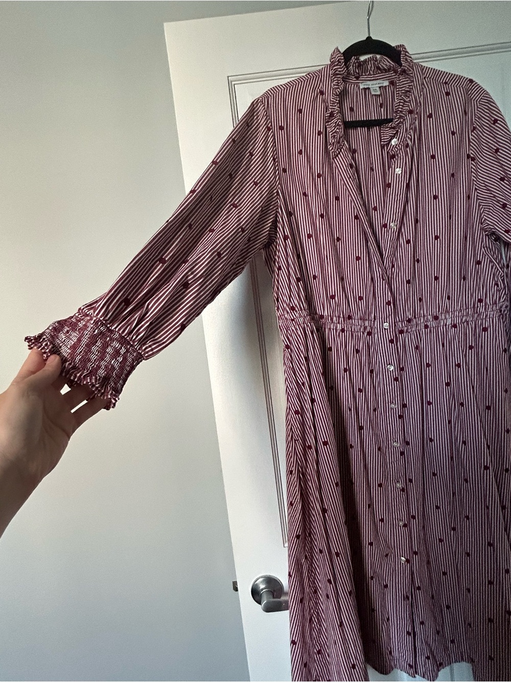 Striped Burgundy Midi Dress with Tie Waist and Ruffle Collar - Picture 4 of 5